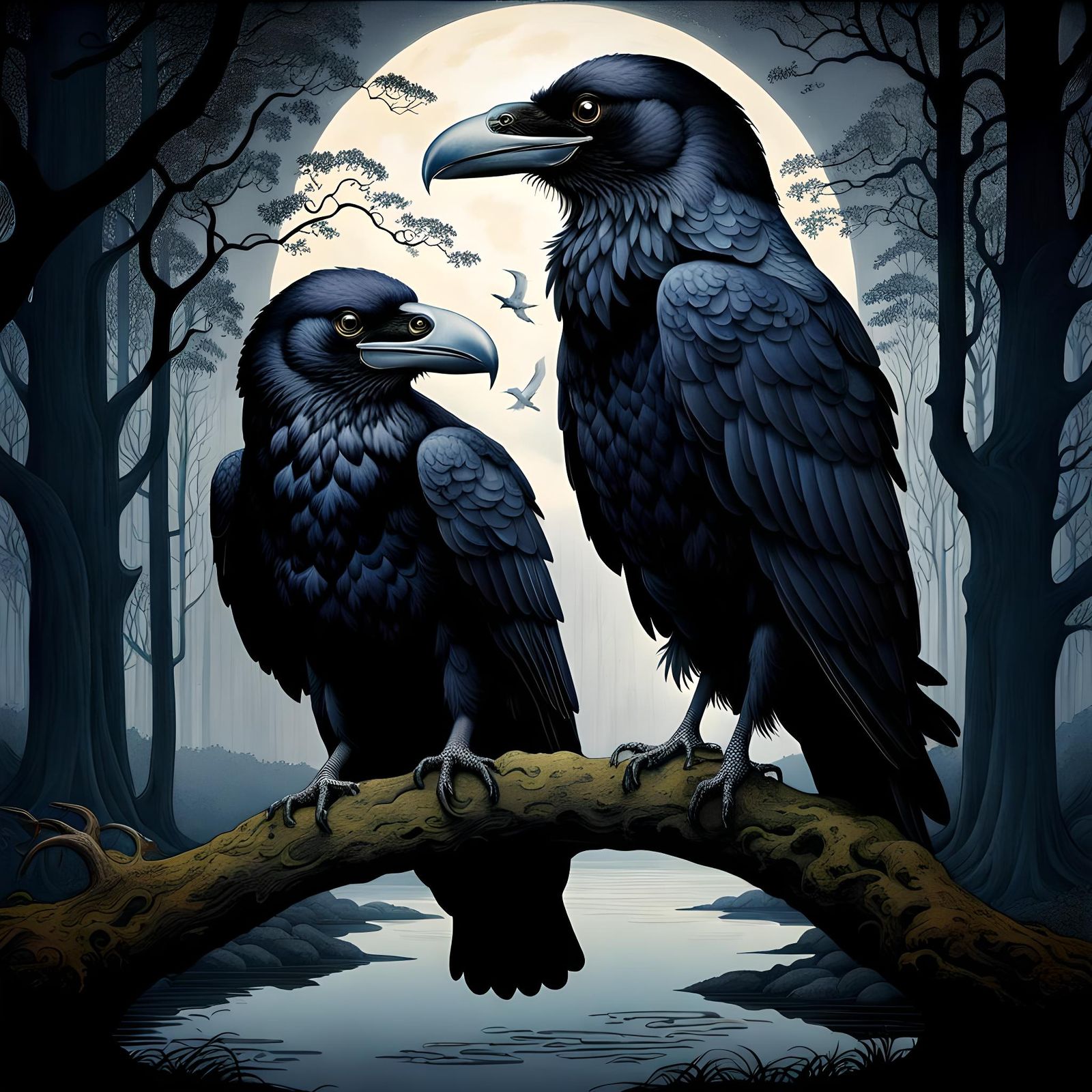 Huginn and Muninn in Dark Enchanted Woods