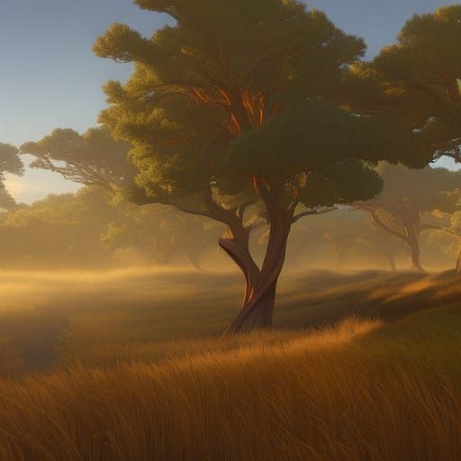 Bur Oak Savanna with Crane in Neolithic Art