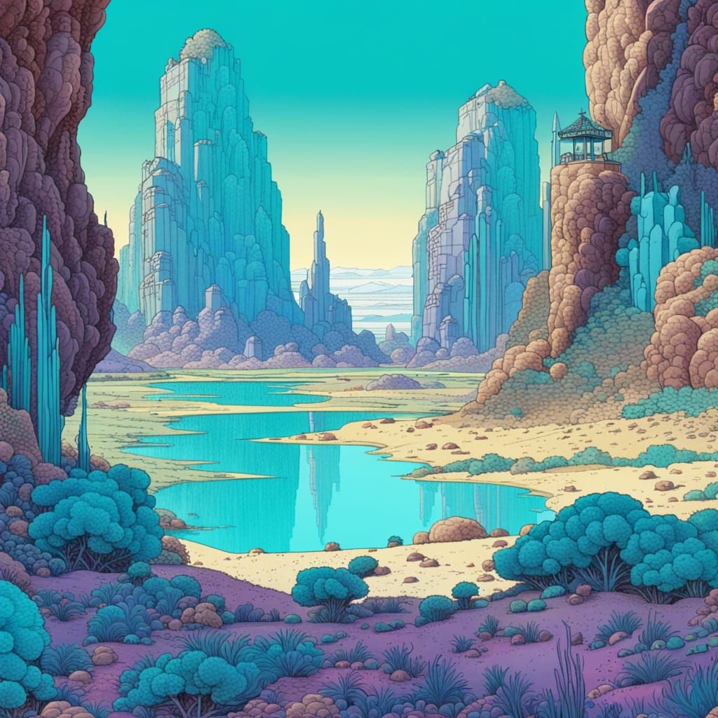 Fantasy Village in Crystal Desert: Moebius Style