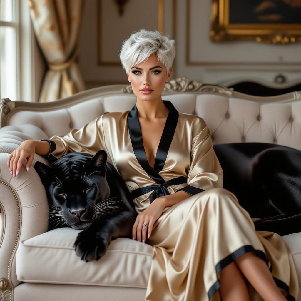 Elegant Woman with Black Panther on Sofa