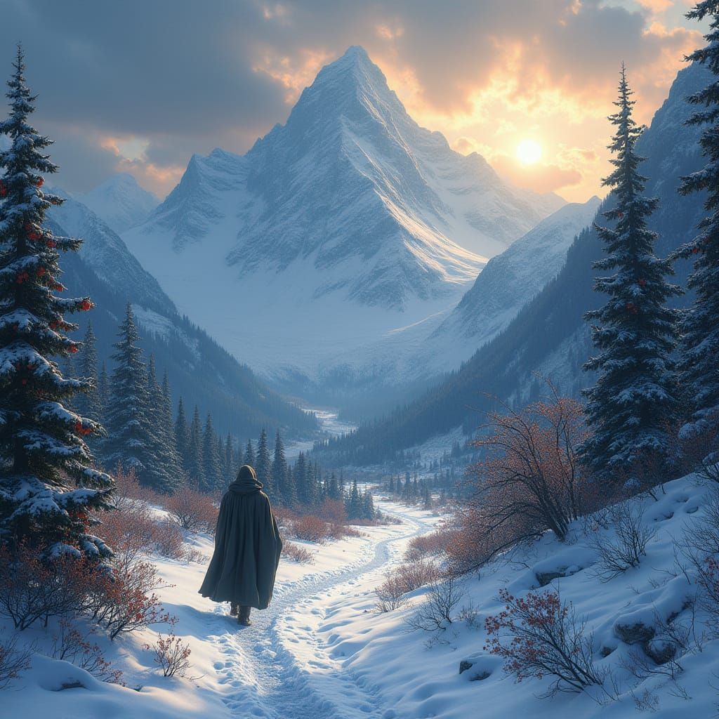 Classical Winter Scene: Lone Figure in Snowy Mountain Pass