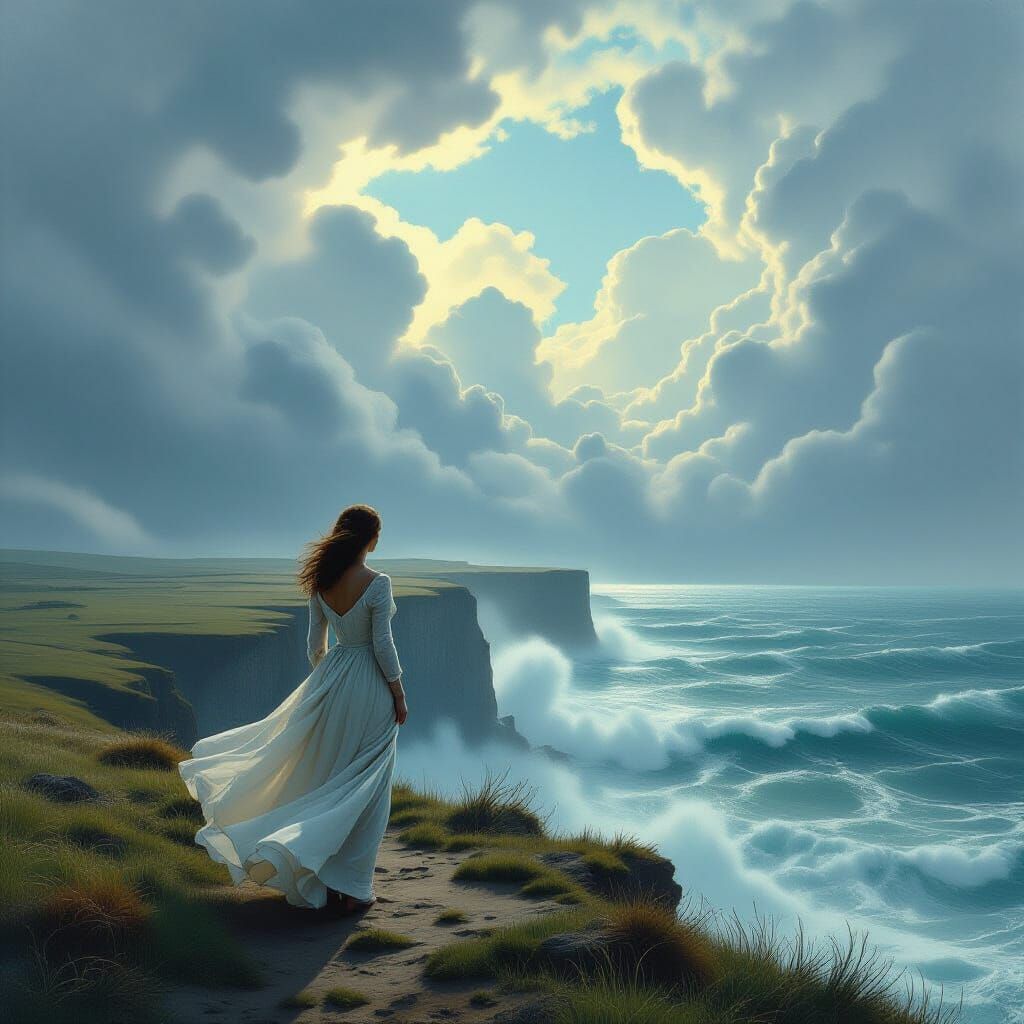 Woman on Cliff Overlooking Stormy Ocean