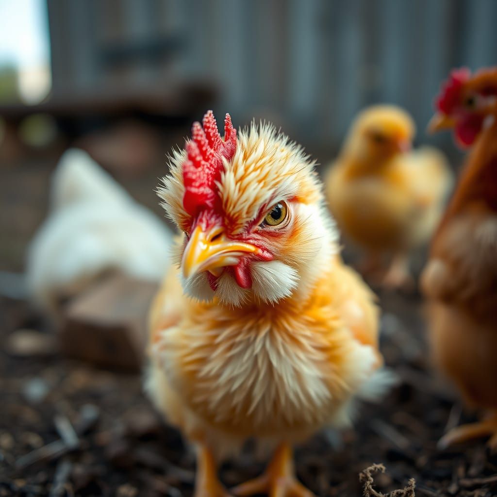 Grumpy Chick in Barnyard: Hyperrealistic Macro Photograph