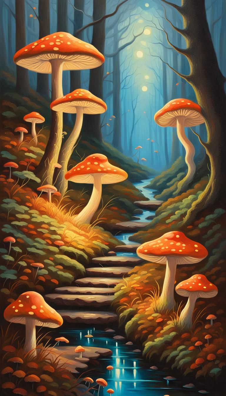 Fluorescent Mushrooms Light Autumn Forest Path Painting