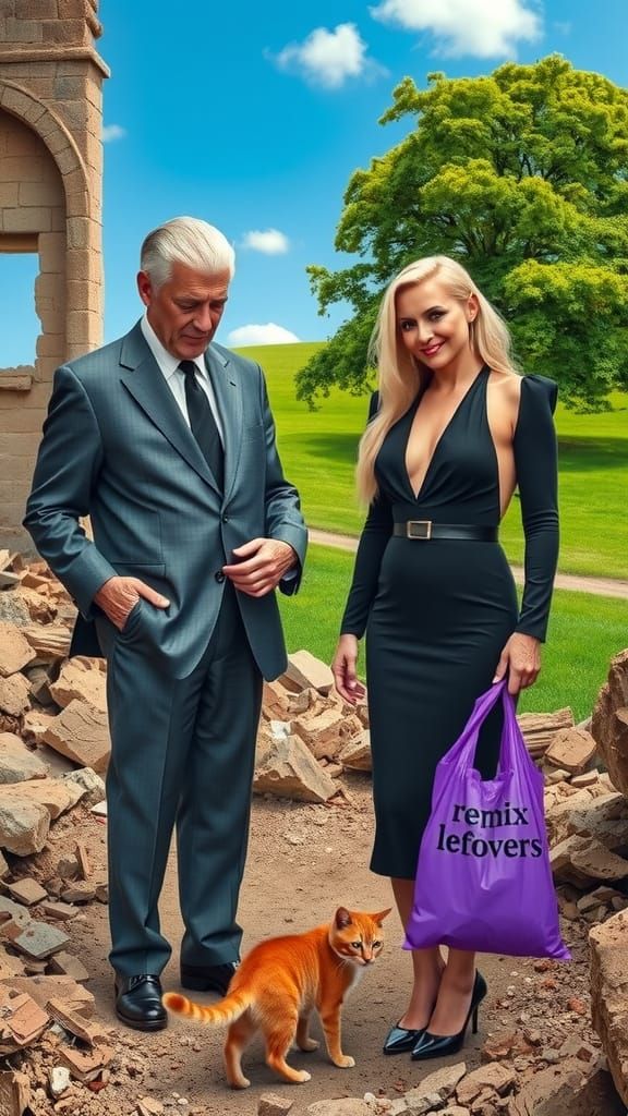 Distinguished Couple Amidst Ruins, with Vibrant Ginger Cat