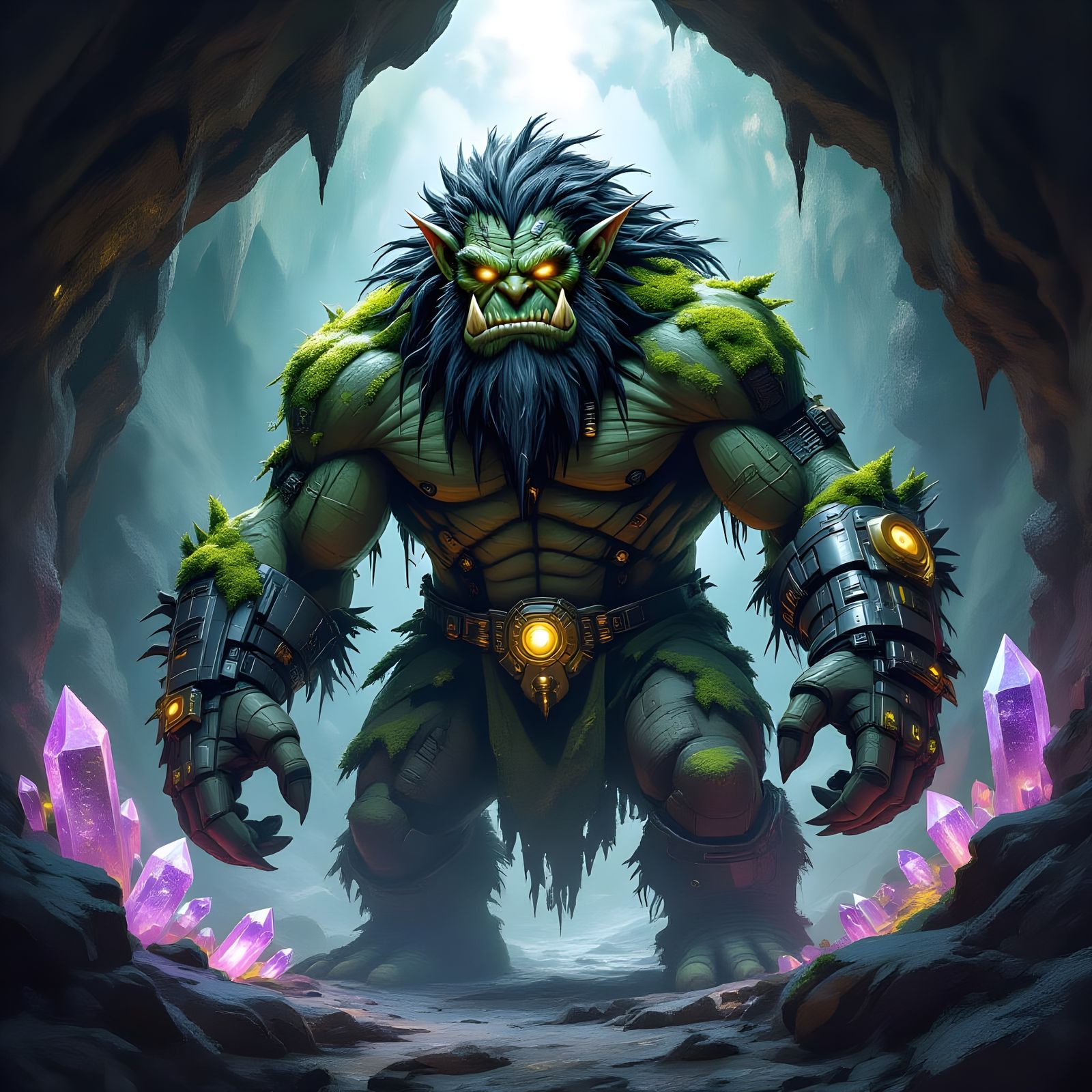 Biomechanical Troll Guarding Crystal Cave in Dark Fantasy St...