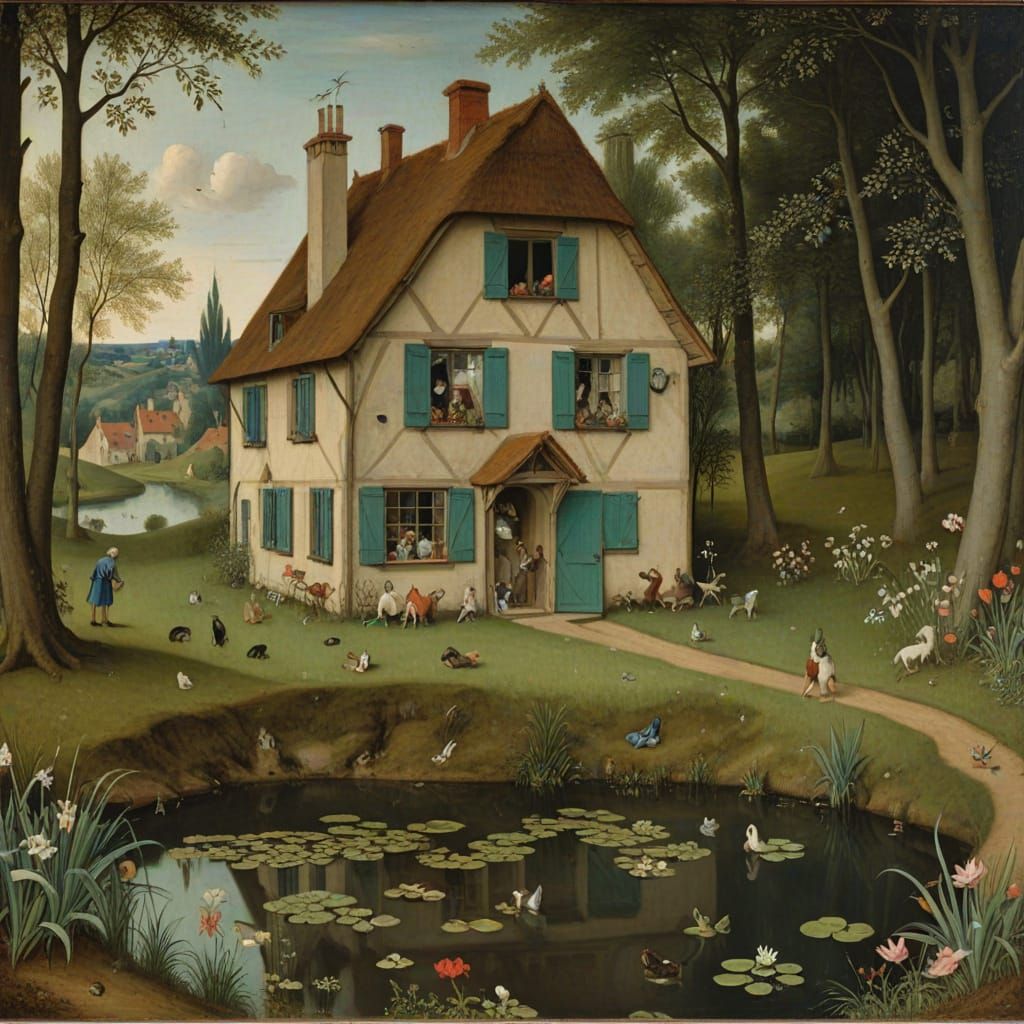 Tranquil Secluded House Scene with Frogs and Light