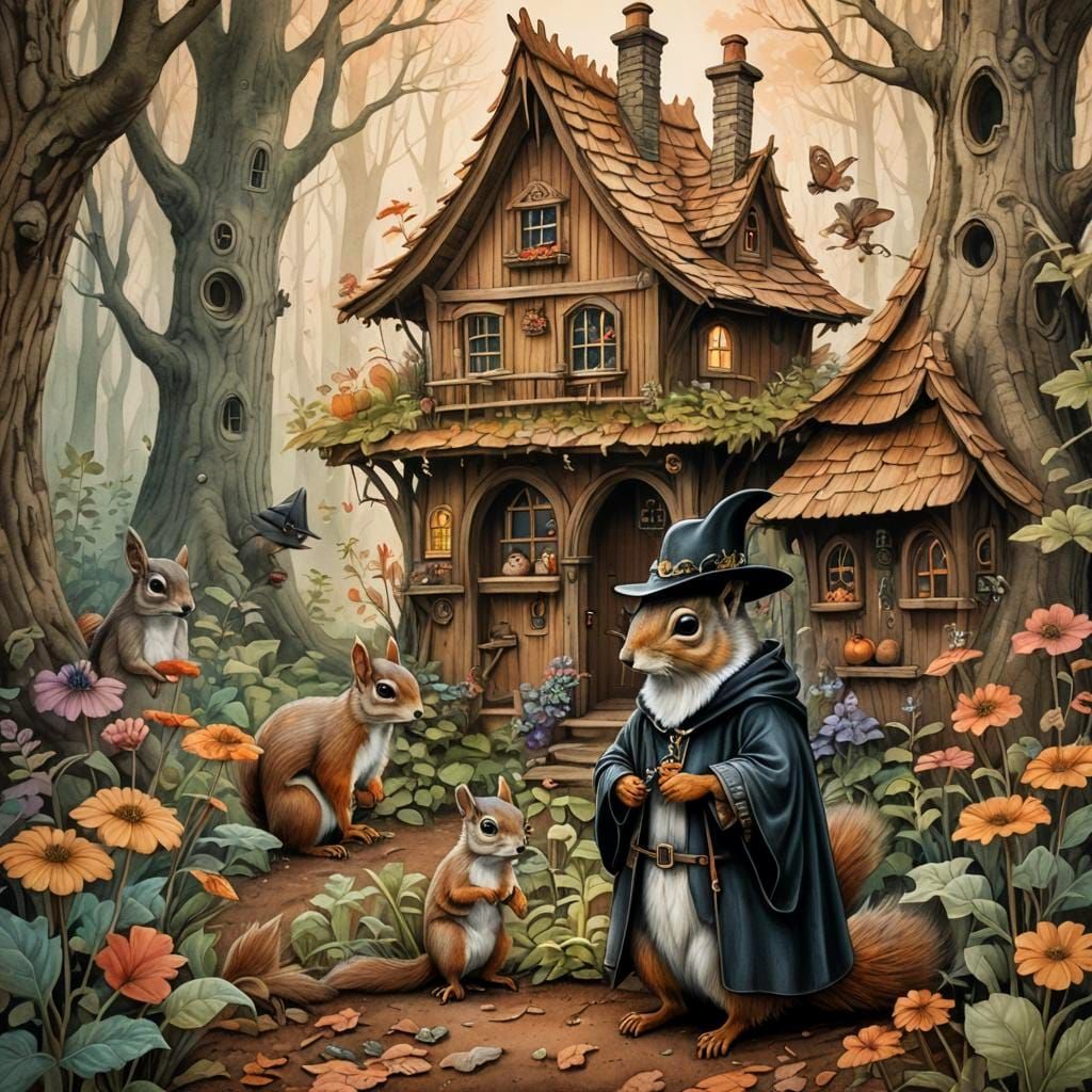 Squirrel Plague Doctor at Whimsical Fairy Cottage Door