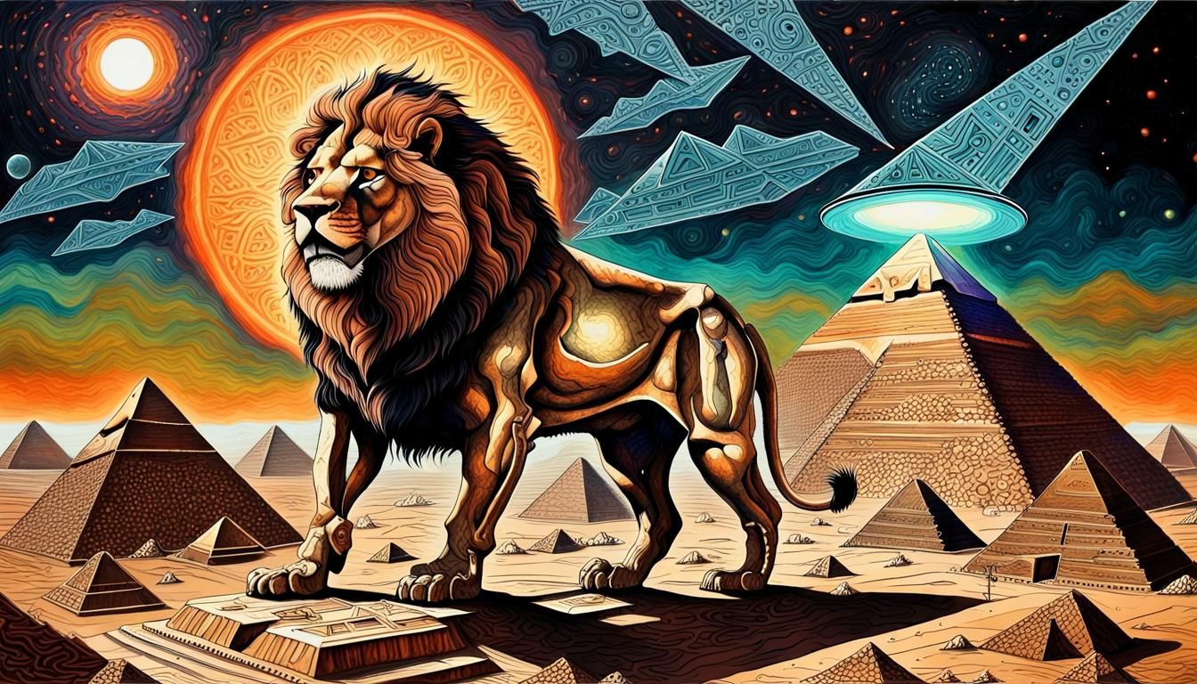 Surreal Lion Guarding Pyramids in Pen and Ink