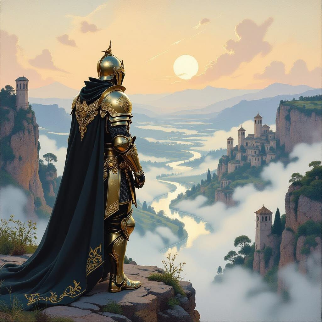 Knight Overlooking Valley in Art Nouveau Style