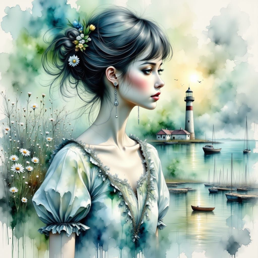 Anime Seascape with Lighthouse and Woman in Lightbulb