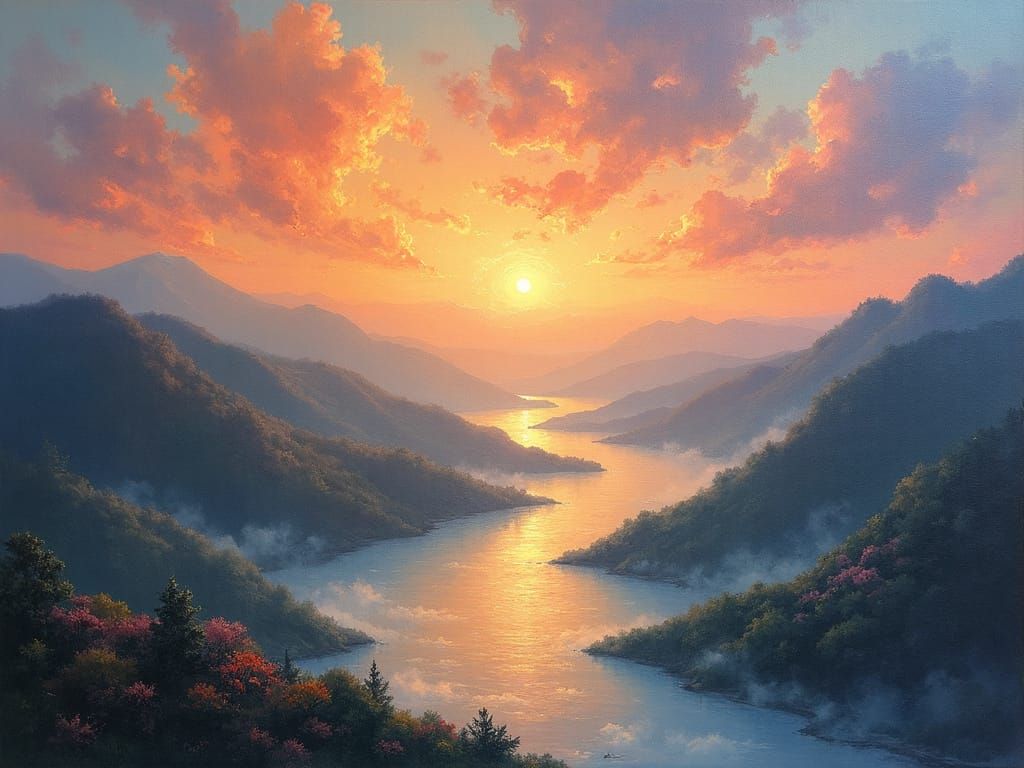 Ethereal Sunset River Scene in Whimsical Oil Painting Style