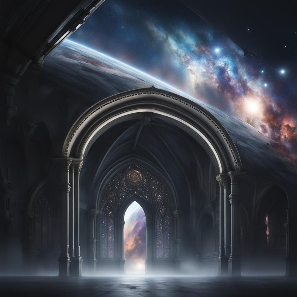 Gothic Spaceship Interior Displaying the Galaxy