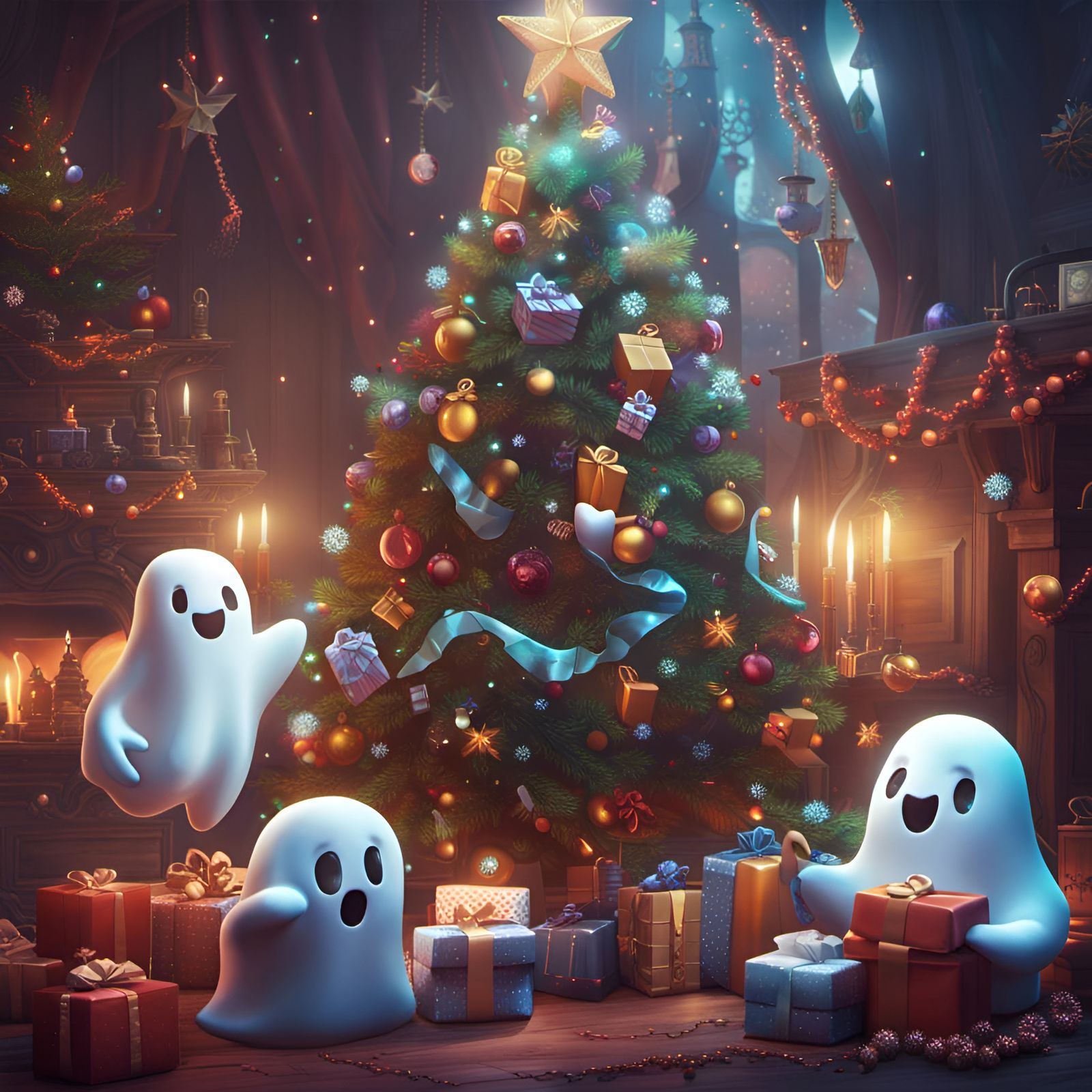 Cute Ghosts Celebrate Christmas: Fantasy Concept Art