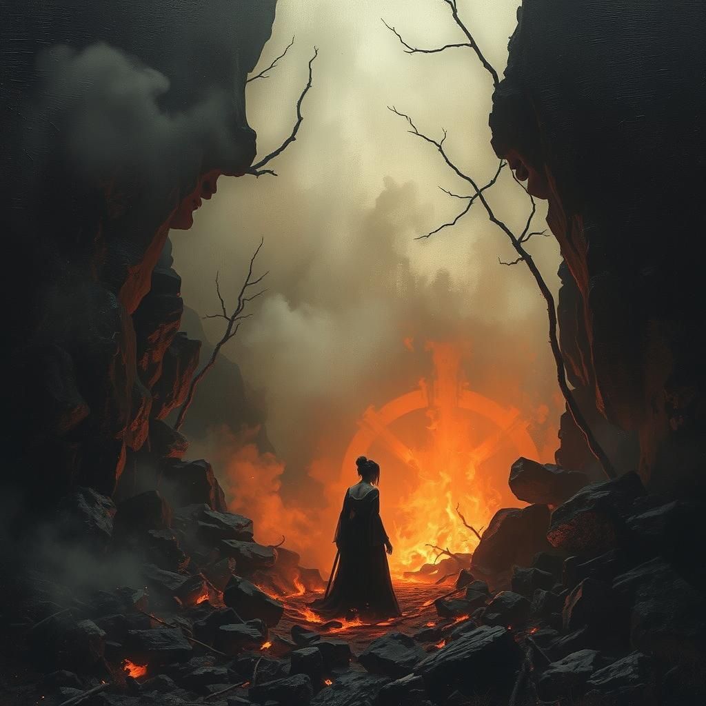 Sinister Woman Gazing into Ashes, Dark Fantasy Art