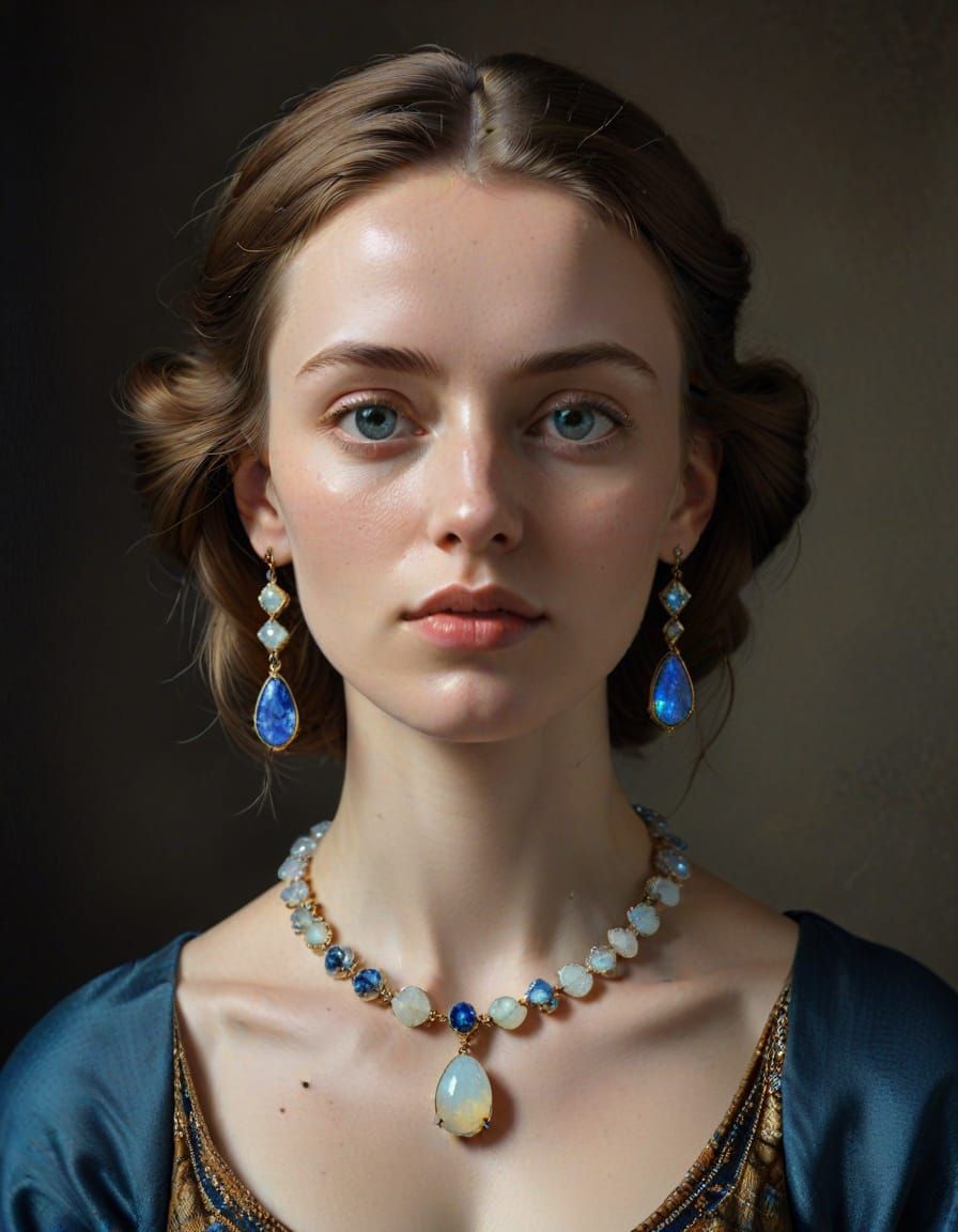 Dutch Young Woman with Opal Necklace in Vermeer Style