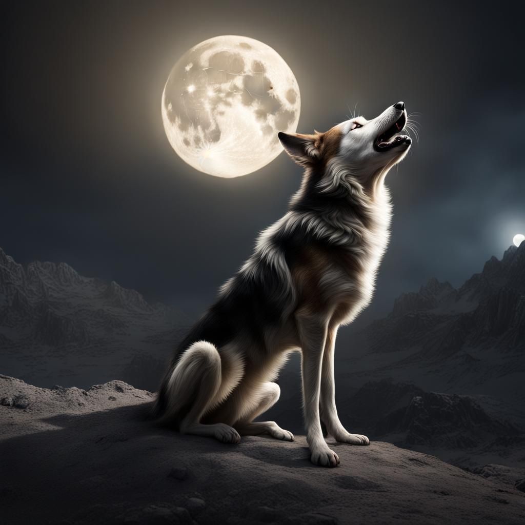 Stray Dog Howling at Moon in Matte Painting