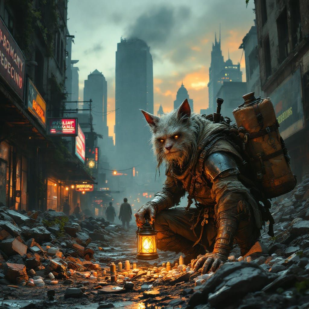 Survivor Cat Searches Pharmacy in Post-Apocalyptic City