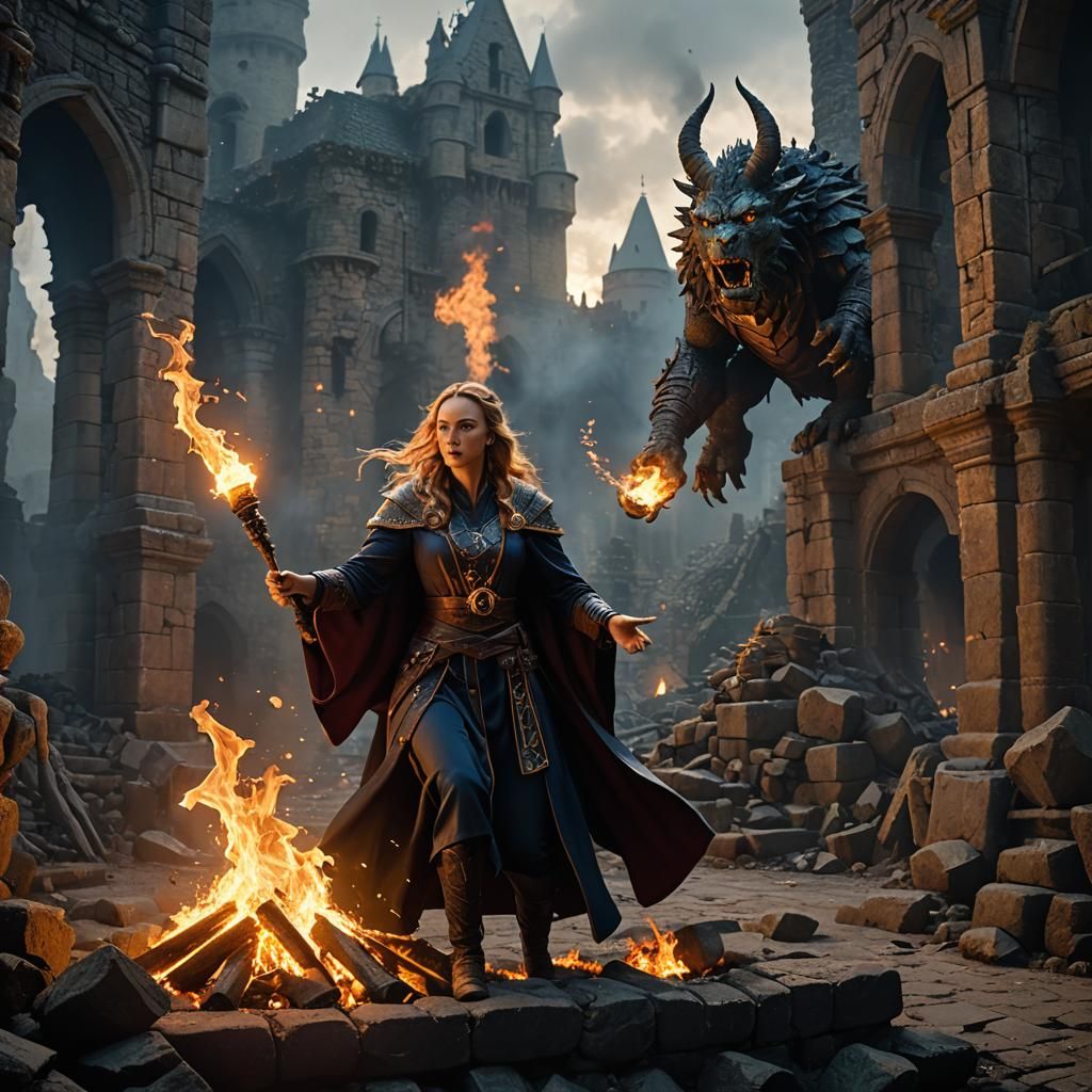 Sorceress Battles Ogre with Fire Magic