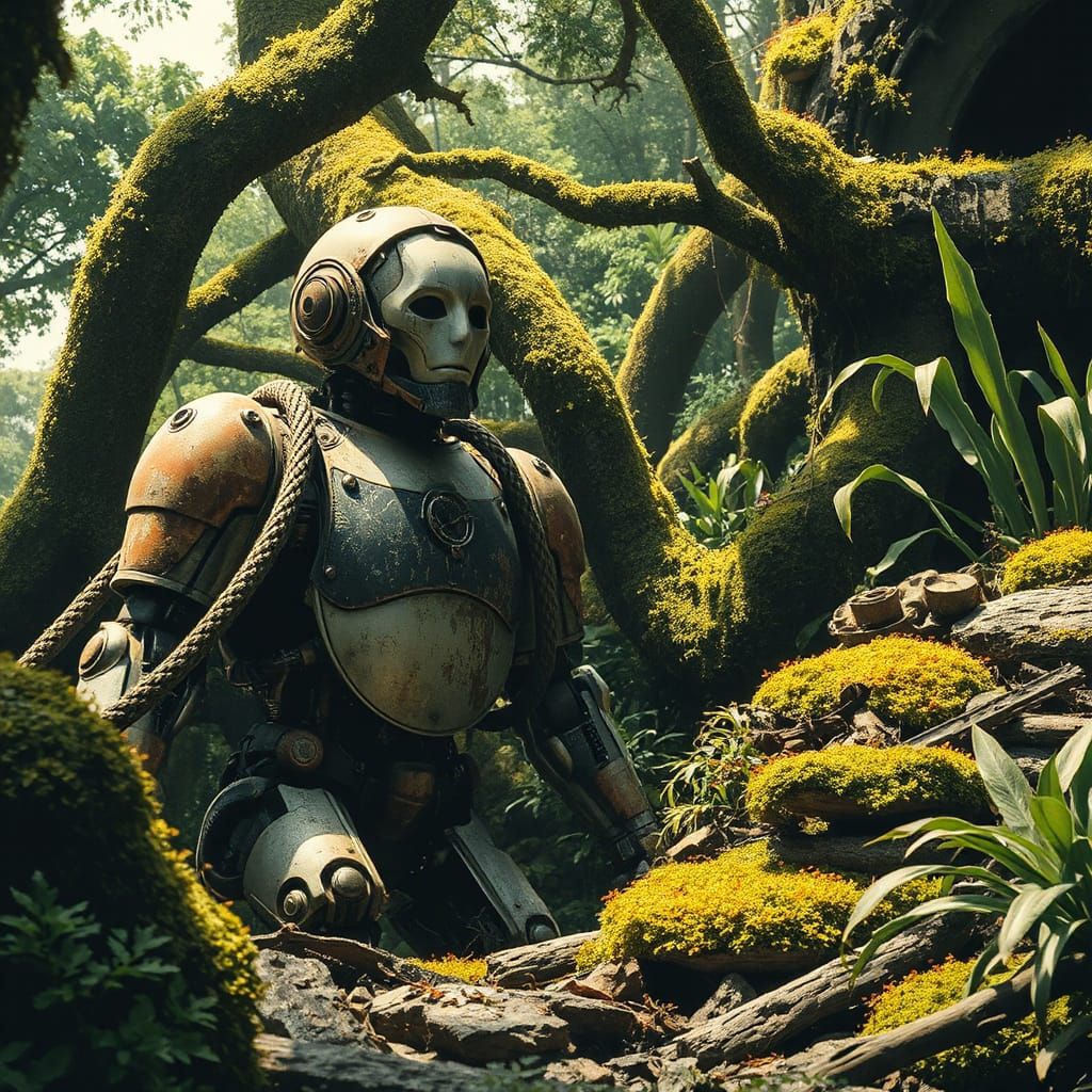 Weathered Automaton in Overgrown Jungle Ruins
