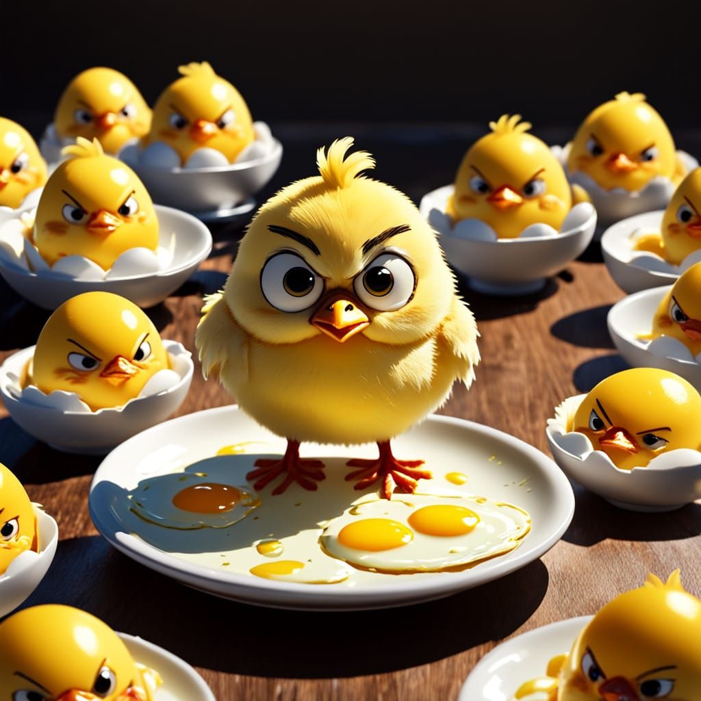 Grumpy Chick on Giant Eggs: Cartoon Illustration