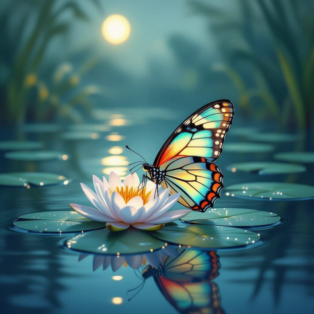 Iridescent Water Moth on Lily Pad in Moonlit Mist