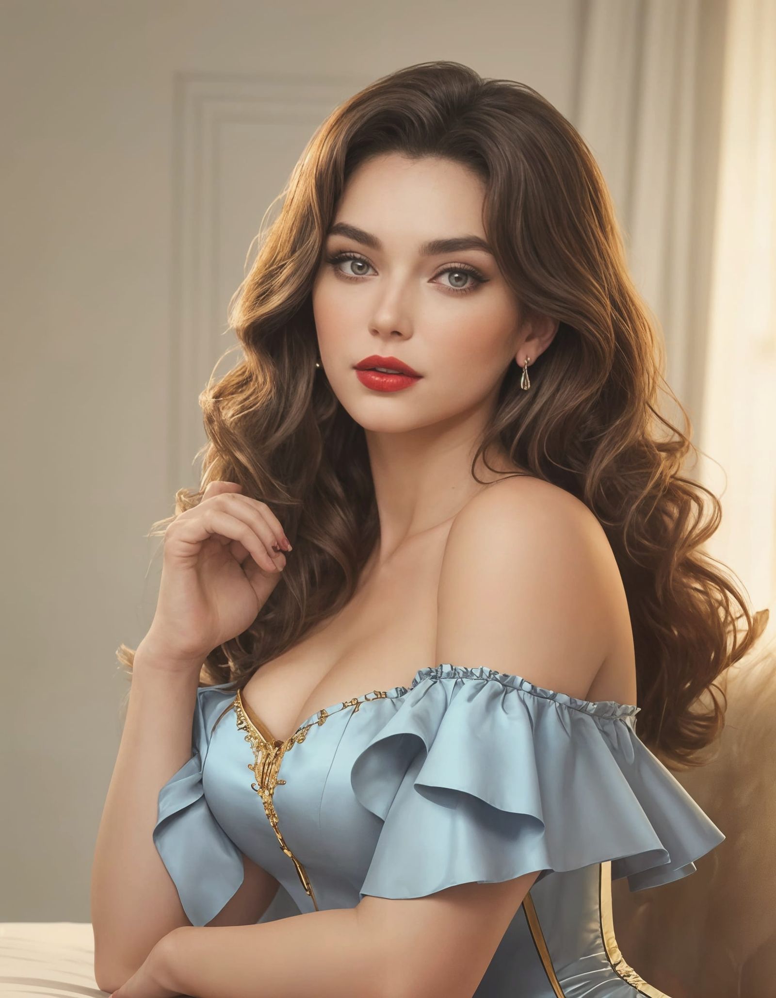 Detailed Pin-Up Illustration: Blue Corset & Wavy Hair