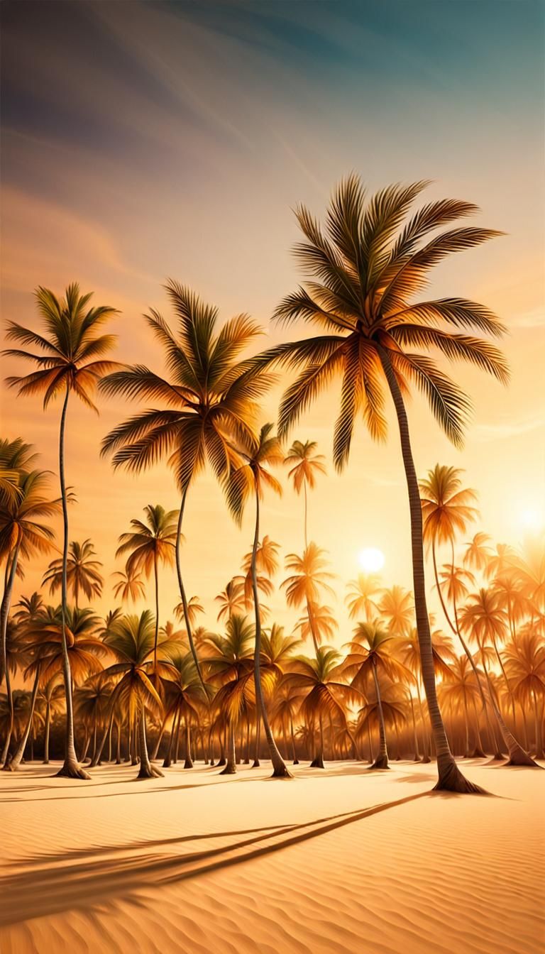 Tropical Impressionism: Palm Trees Swaying at Sunset