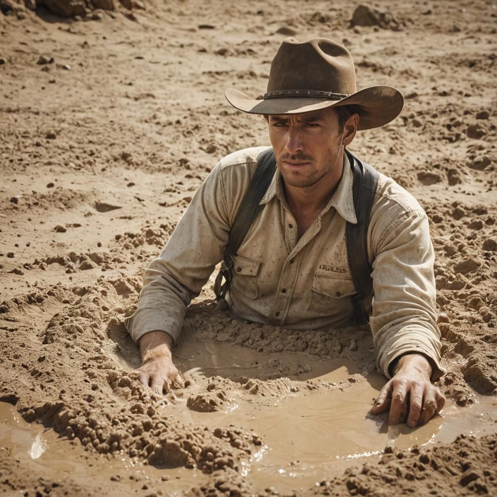 Cowboy's Desperate Struggle in Quicksand: Cinematic Western