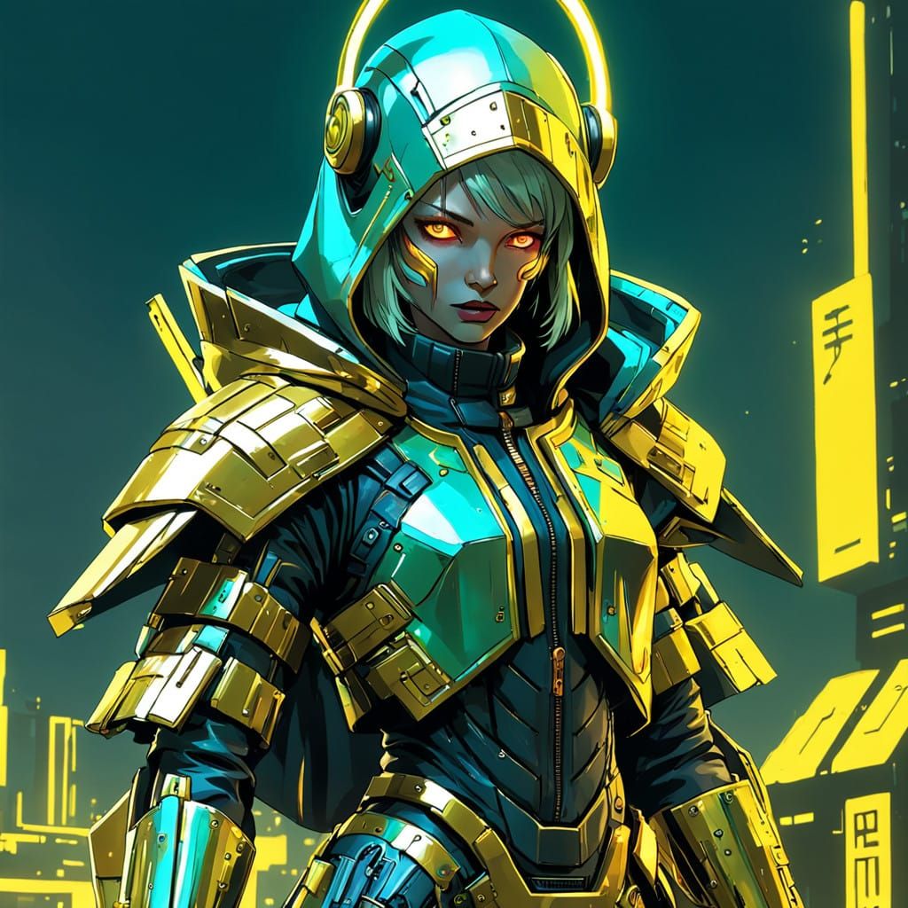 Cyberpunk Goddess of Fortune in Golden Armor