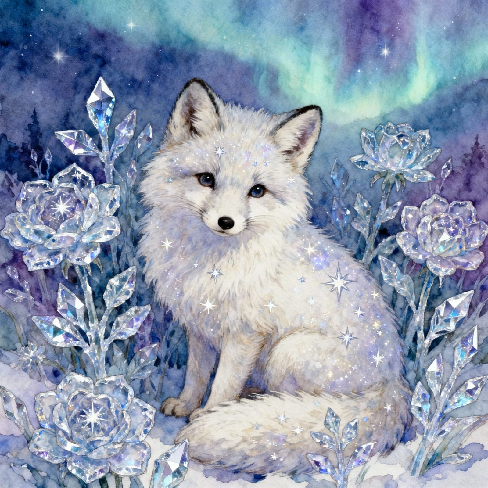 Arctic Fox in Starlit Ice Flower Field