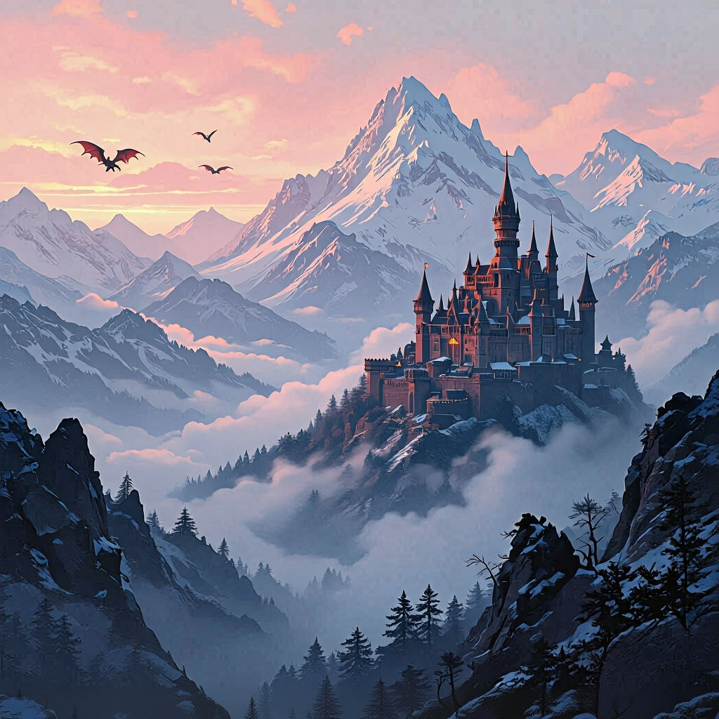 Gothic Castle on Snow Peaks at Dawn