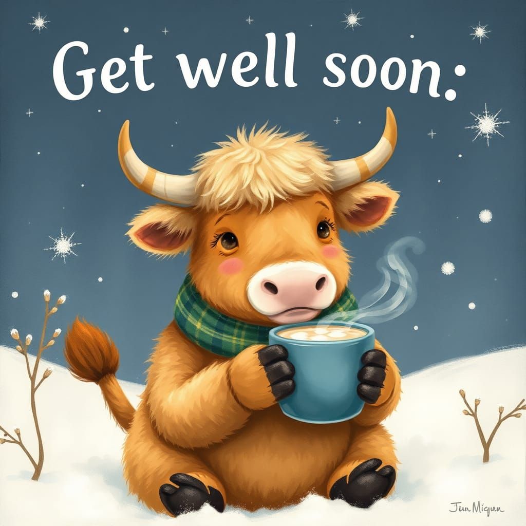 Cute Highland Cow Calf Wishes Well in Winter