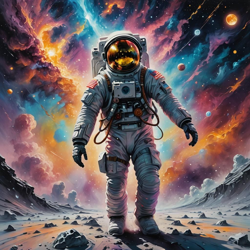Astronaut in Surreal Lunar Storm: Oil Painting