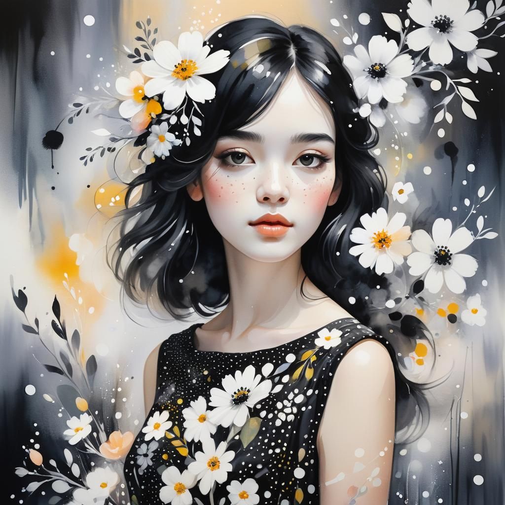 Girl with Black Hair in Watercolor Painting Style