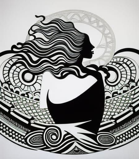 Detailed Black and White Mermaid Line Drawing