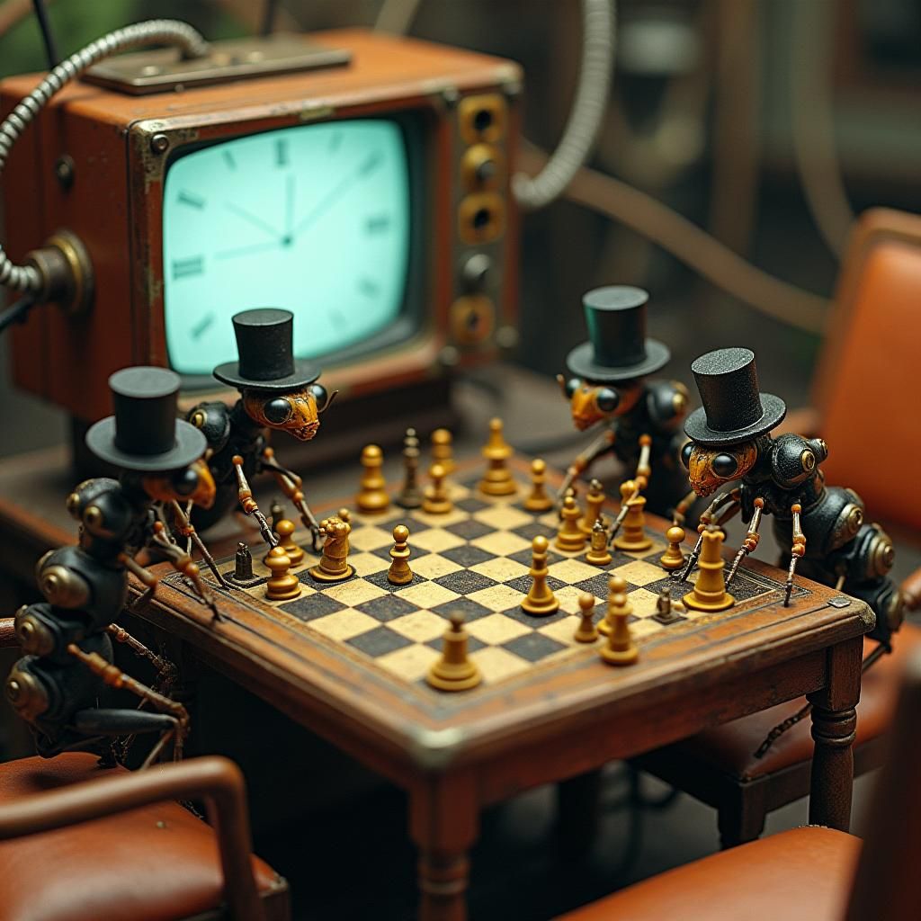 Ants Playing Chess in Steampunk Future Style