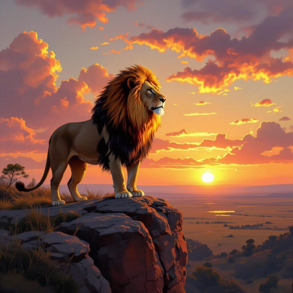 Lion with Fiery Mane Overlooking Savannah at Sunset