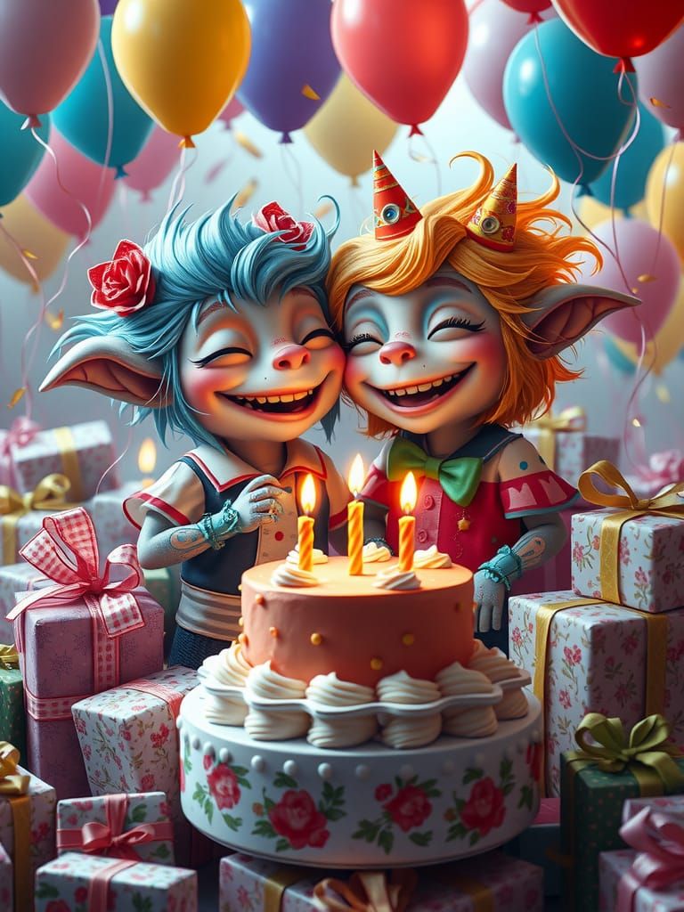 Whimsical Creatures Celebrate Birthday in Surreal Dreamscape