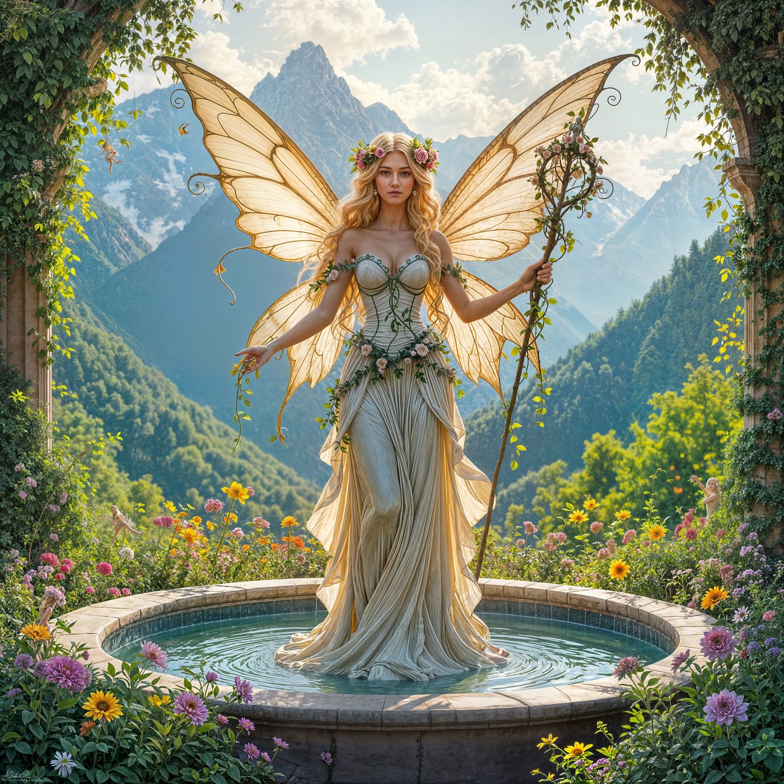 Majestic Fairy Statue in Mountain Fountain
