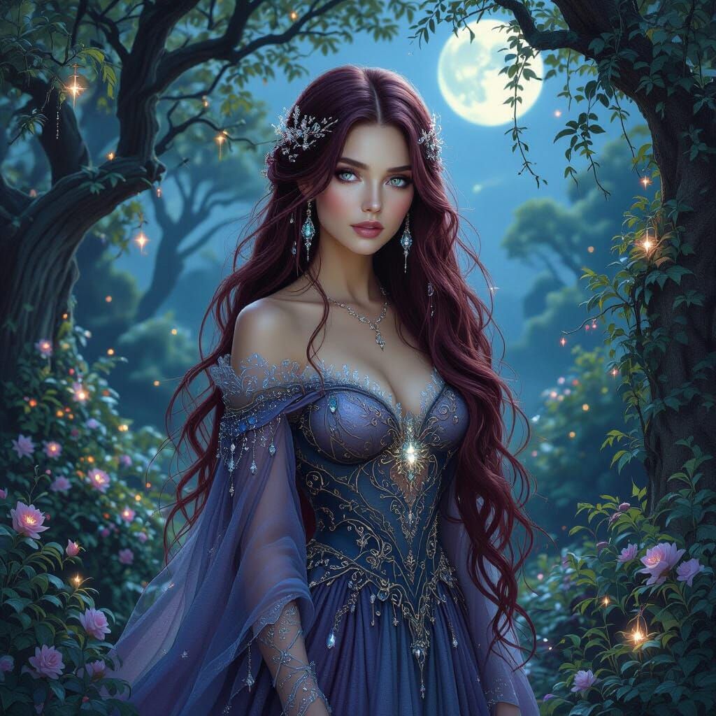Enchanting Woman in Moonlit Garden: Fantasy Art