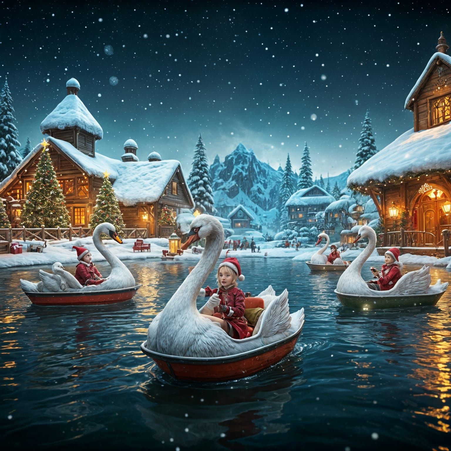 Whimsical Christmas Scene with Swan Pedal Boats and Santa's....