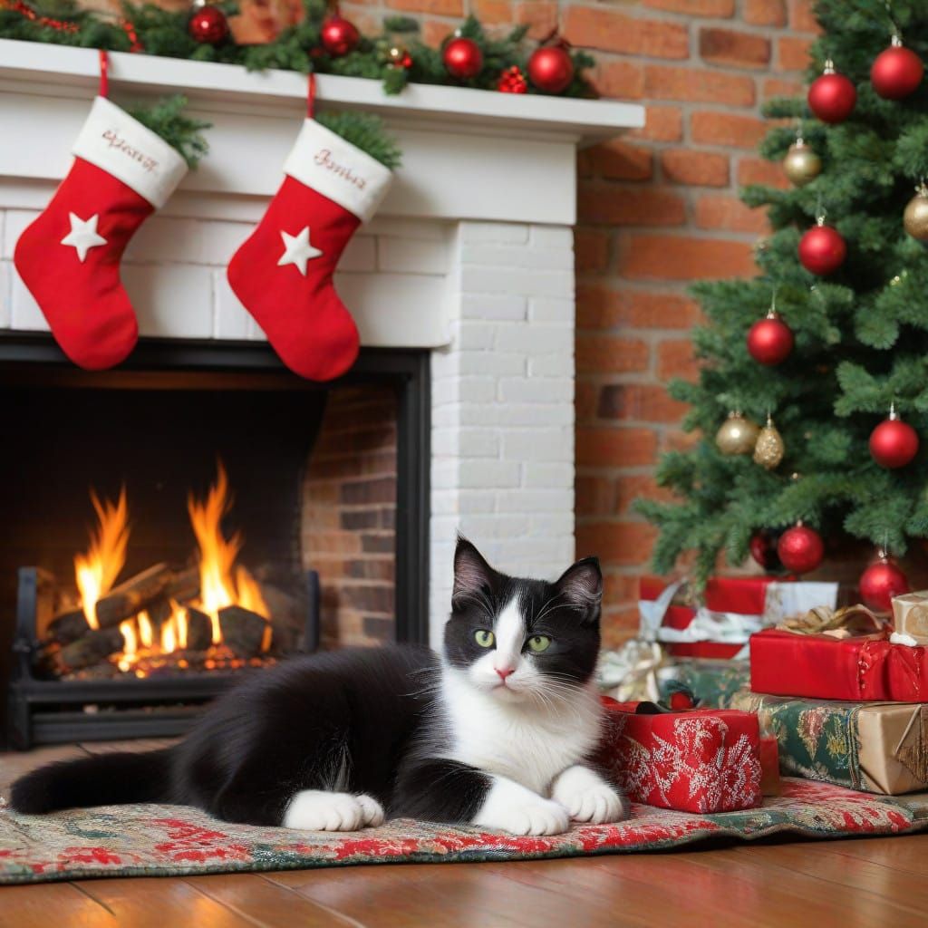 Fluffy Black and White Kitten by Christmas Fireplace