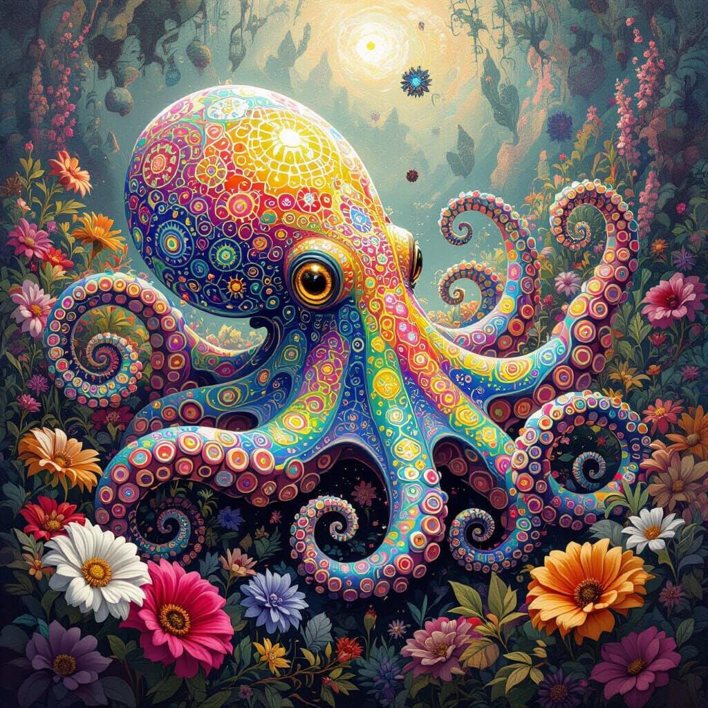Iridescent Tentacle Creatures in a Kaleidoscopic Dreamscape