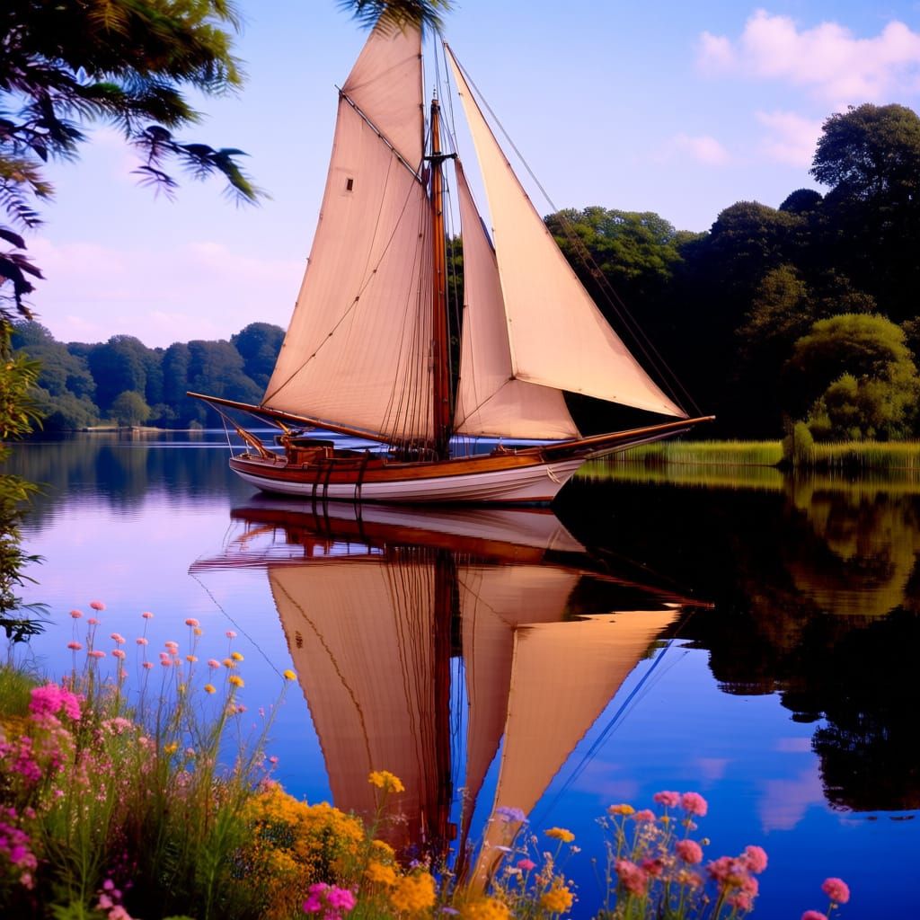 Antique Sailboat Reflected on Serene Lake: Photorealistic