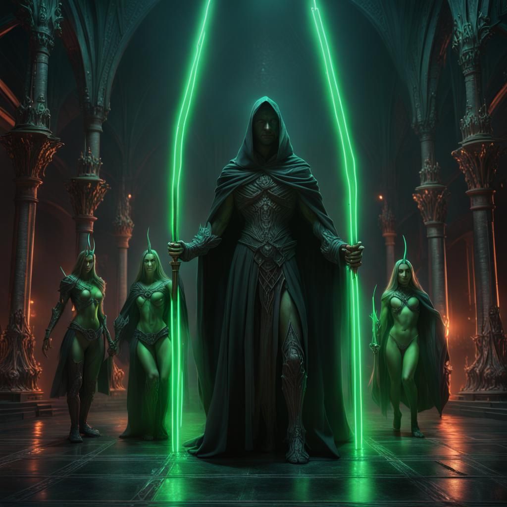 Bodybuilder Nazgul with Elves in Neon Light