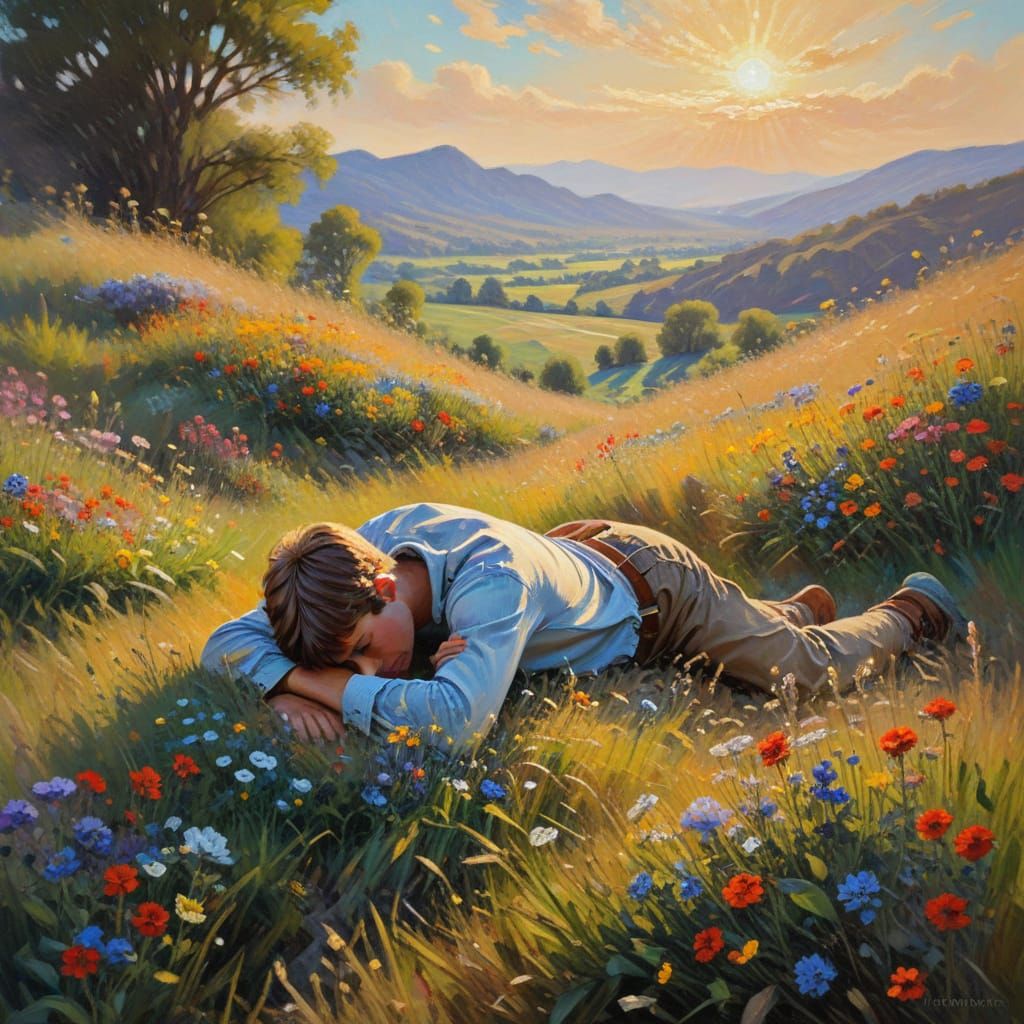 Impressionist Oil Painting of Boy in Sunny Flower Meadow