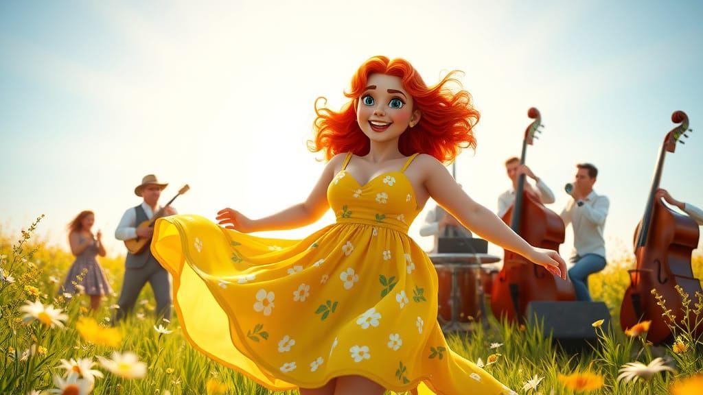 Joyful Redhead Dances in Sun-Drenched Meadow with Jazz Band