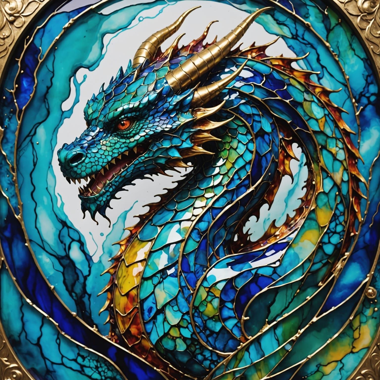 Dragon in Blue Alcohol Ink Glasswork with Gold Edging