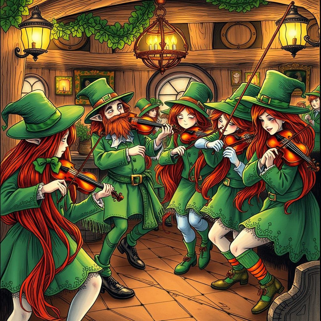 Lively Leprechauns Dance in a Whimsical Irish Tavern